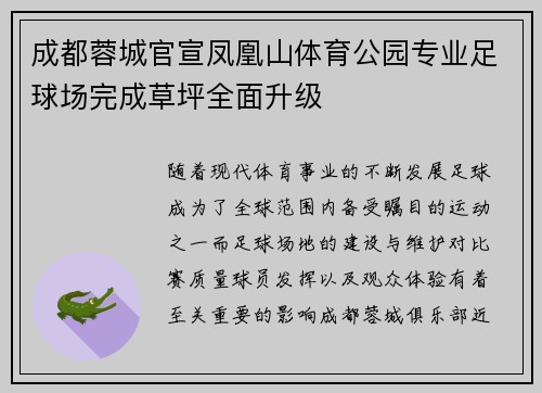 成都蓉城官宣凤凰山体育公园专业足球场完成草坪全面升级 成都蓉城官宣凤凰山体育公园专业足球场完成草坪全面升级
