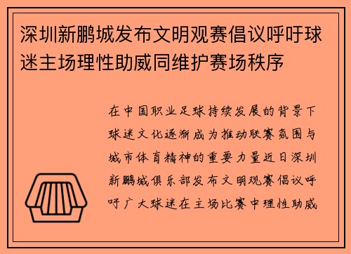 深圳新鹏城发布文明观赛倡议呼吁球迷主场理性助威同维护赛场秩序